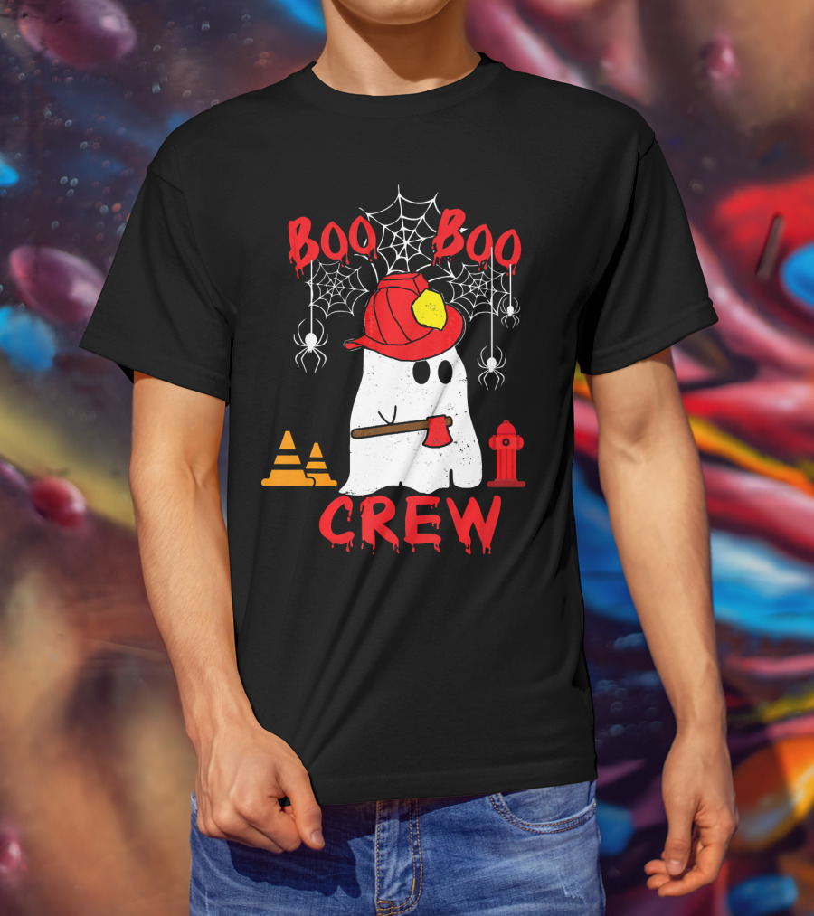 Boo Boo Crew Firefighter Halloween Ghost Spiderwebs And Axe T-Shirt