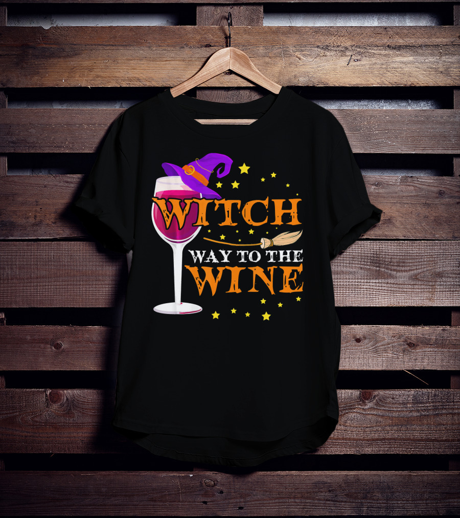 Witch Way To The Wine Halloween Wizard Hat Broomstick Stars T-Shirt