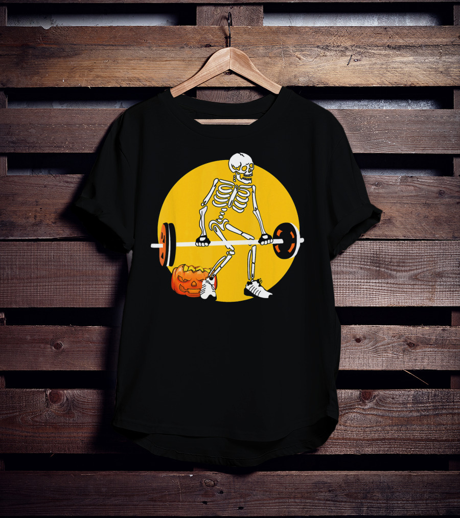 Skeleton Weightlifting With Pumpkin In Yellow Circle T-Shirt