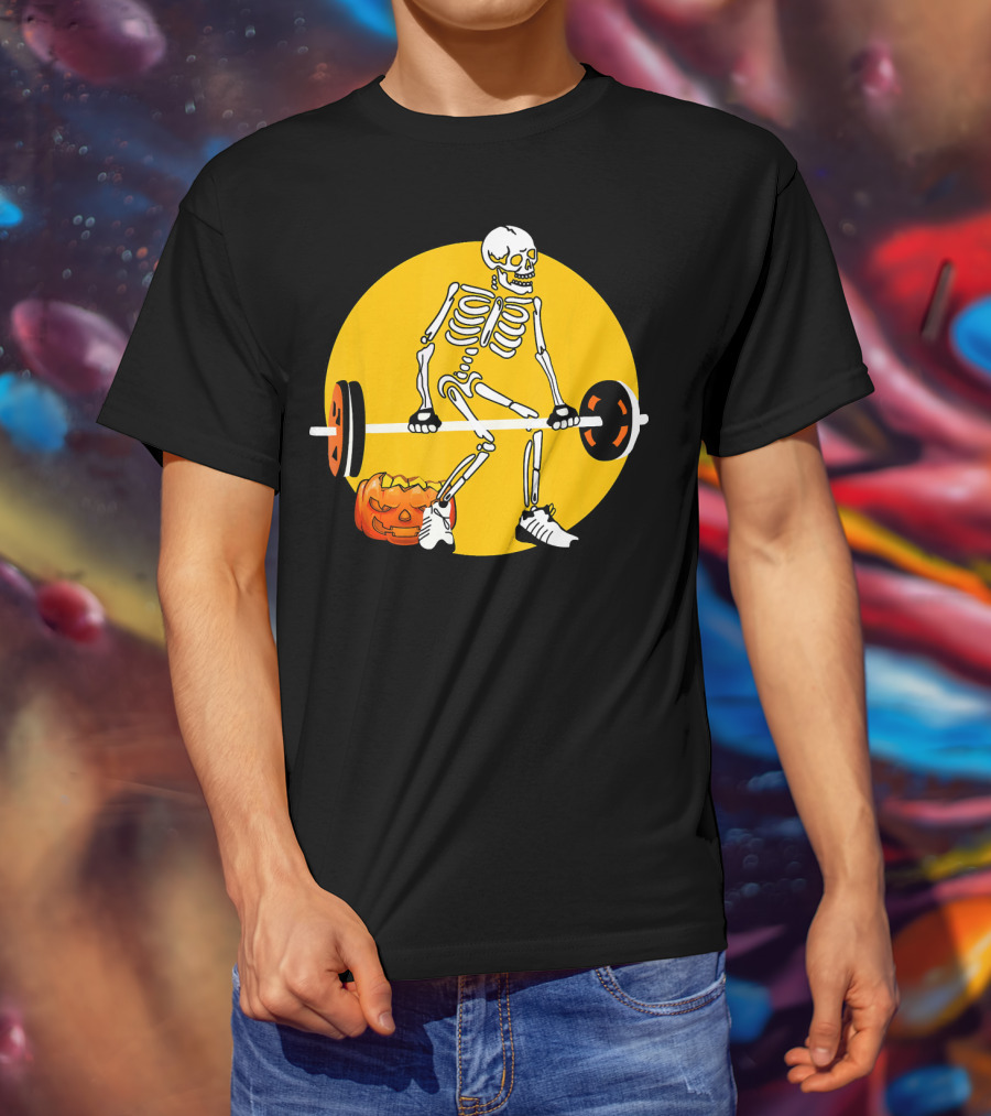 Skeleton Weightlifting With Pumpkin In Yellow Circle T-Shirt