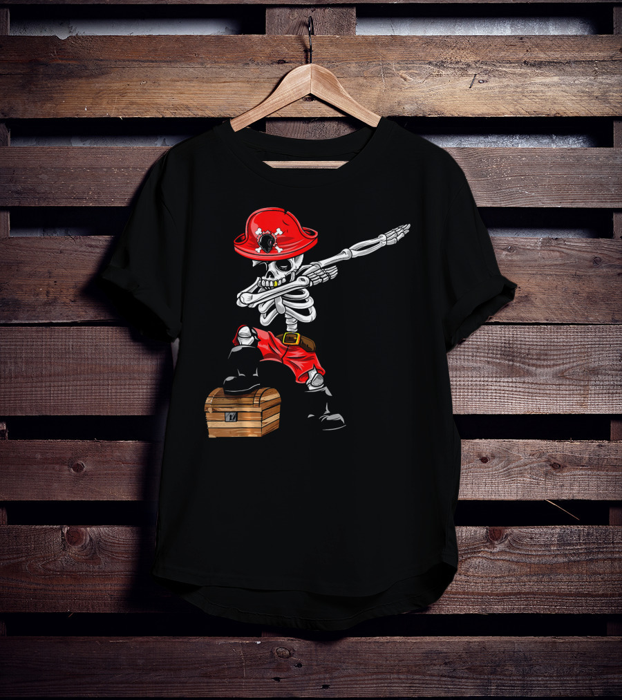 Dabbing Skeleton Pirate With Red Hat And Treasure Chest T-Shirt