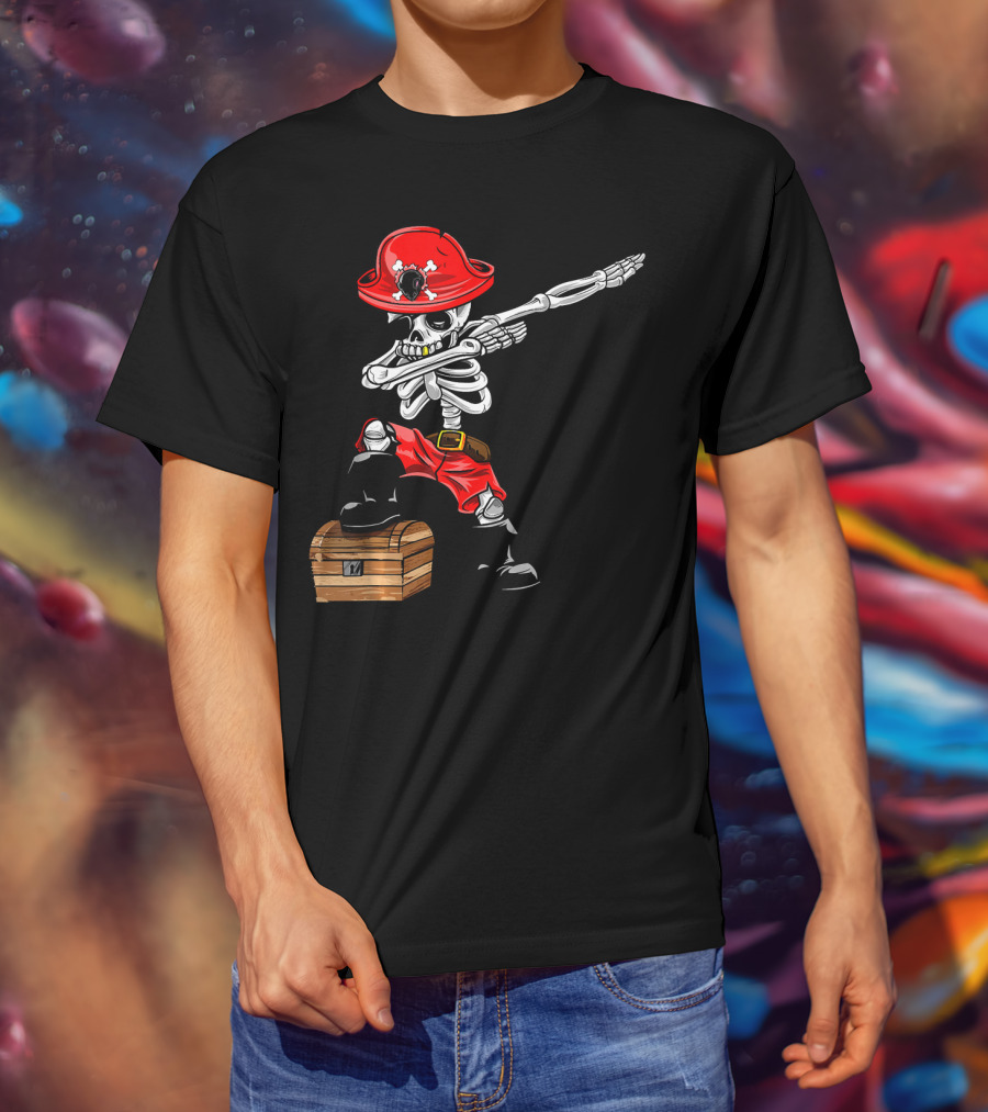 Dabbing Skeleton Pirate With Red Hat And Treasure Chest T-Shirt