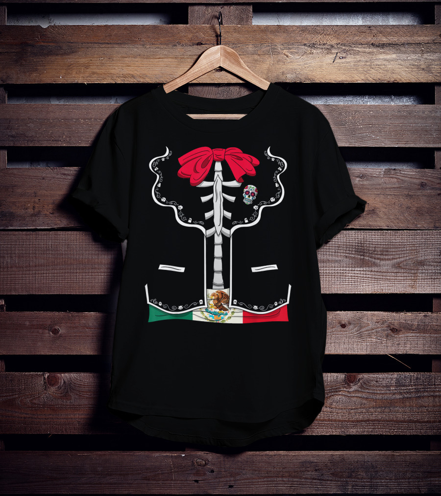 Day Of The Dead Dia De Los Muertos Mexican Skeleton Costume México Flag Sugar Skull Bow T-Shirt