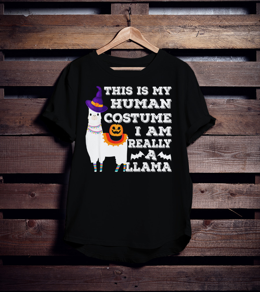 This Is My Human Costume I Am Really A Llama Halloween Witch Hat Pumpkin Bat T-Shirt