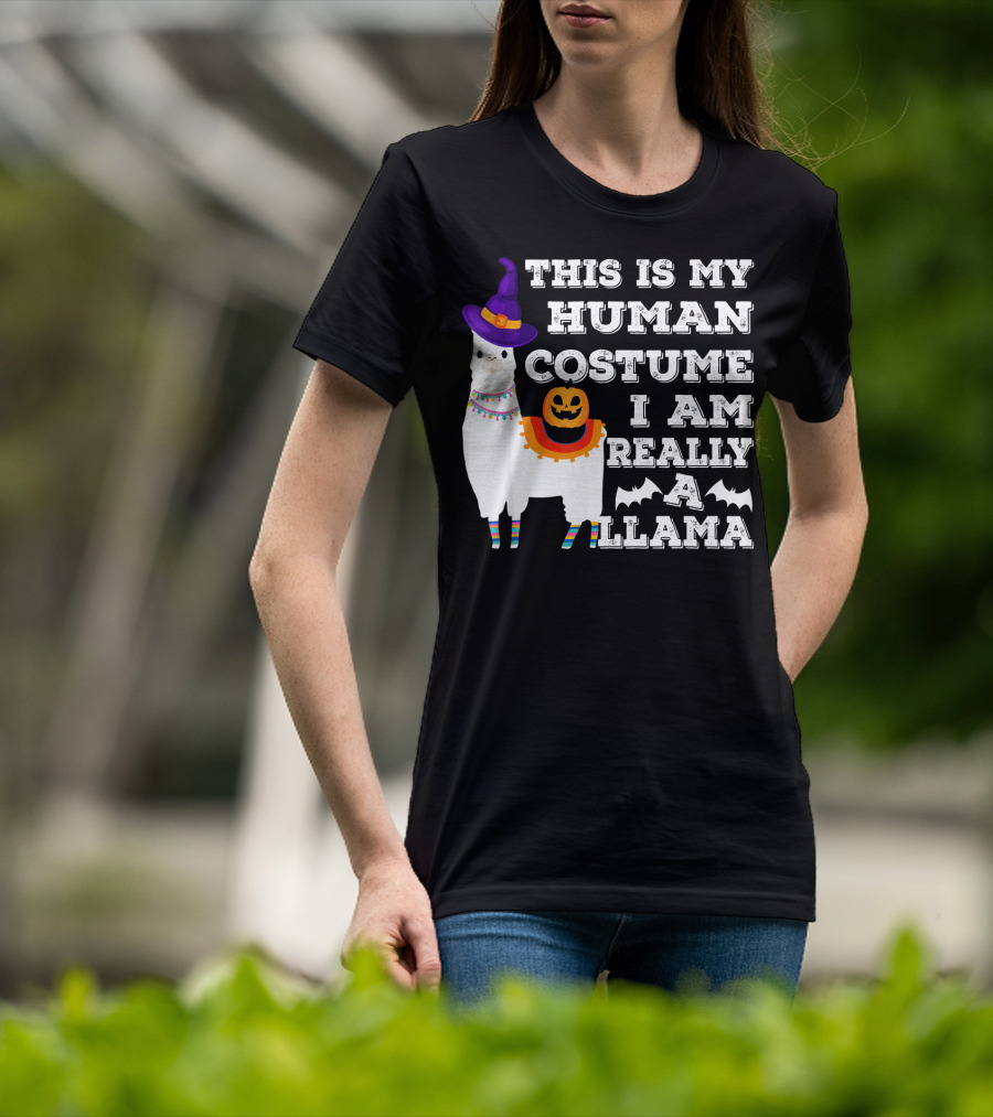 This Is My Human Costume I Am Really A Llama Halloween Witch Hat Pumpkin Bat T-Shirt
