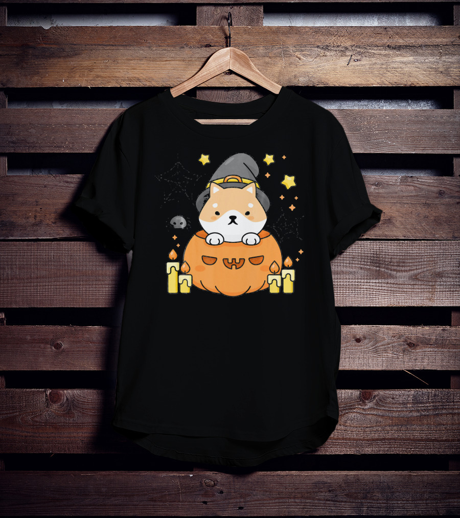 Kawaii Shiba Inu Dog In Witch Hat With Pumpkin And Candles Japanese T-Shirt
