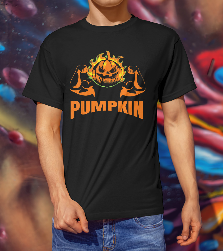 Bodybuilder Pumpkin Halloween Costume Muscles Jack-O'-Lantern T-Shirt
