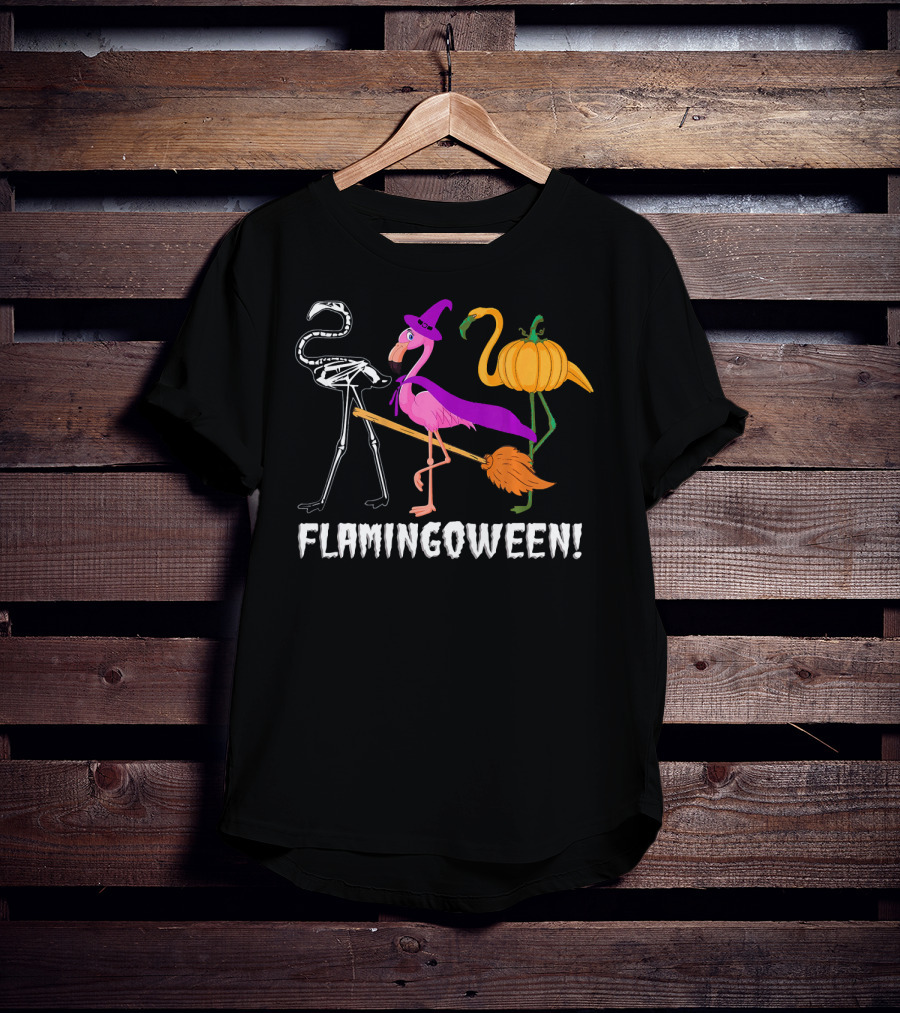 Flamingoween Skeleton Witch Pumpkin Flamingo Halloween T-Shirt