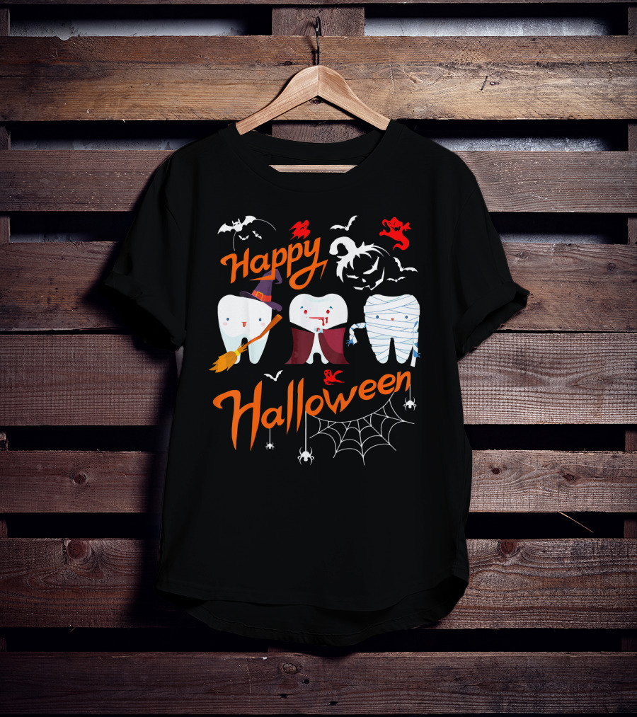 Happy Halloween Witch Vampire Mummy Teeth With Bats And Spiderweb T-Shirt