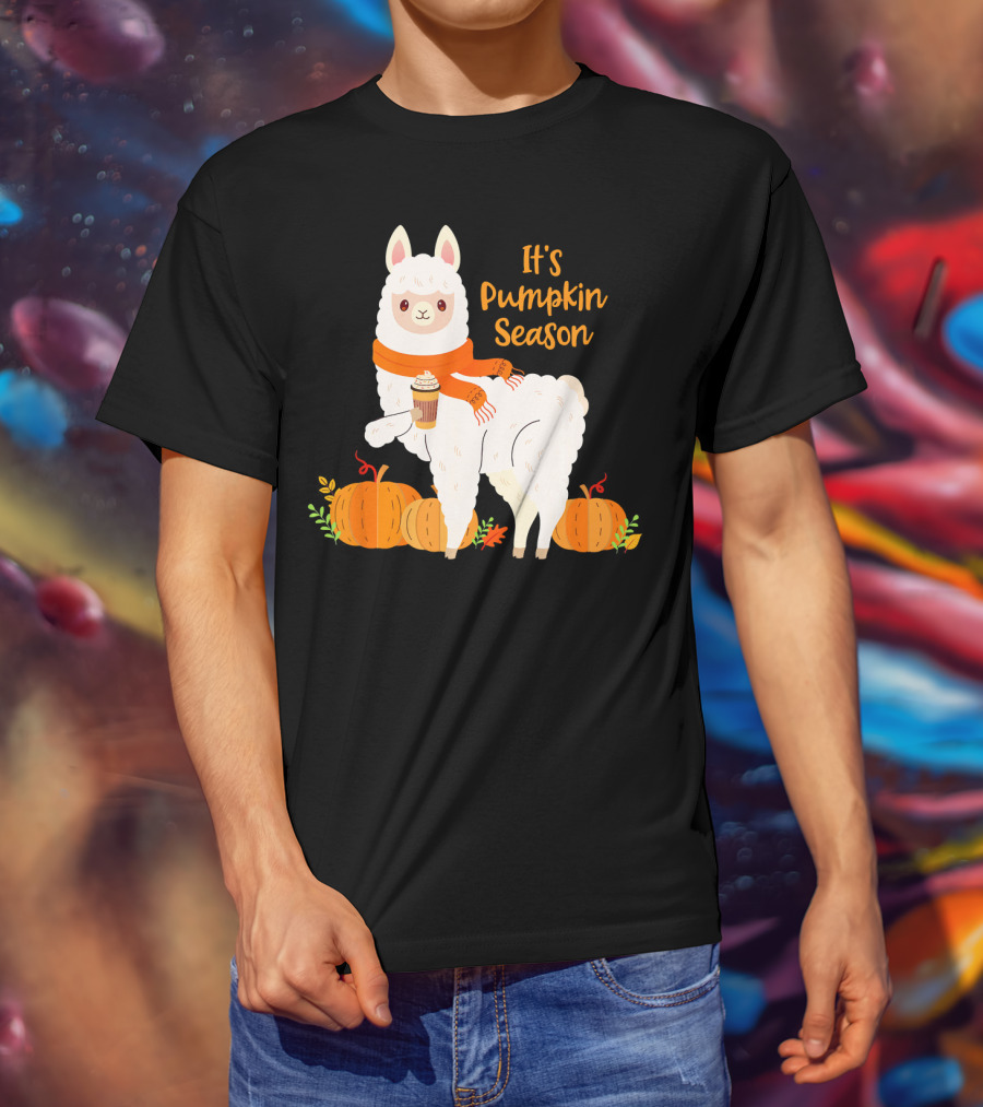 It's Pumpkin Season Llama With Autumn Leaves And Pumpkins T-Shirt