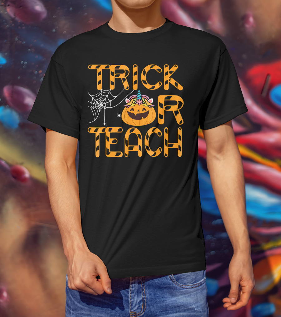 Trick Or Teach Funny Pumpkin Unicorn With Spider Web T-Shirt