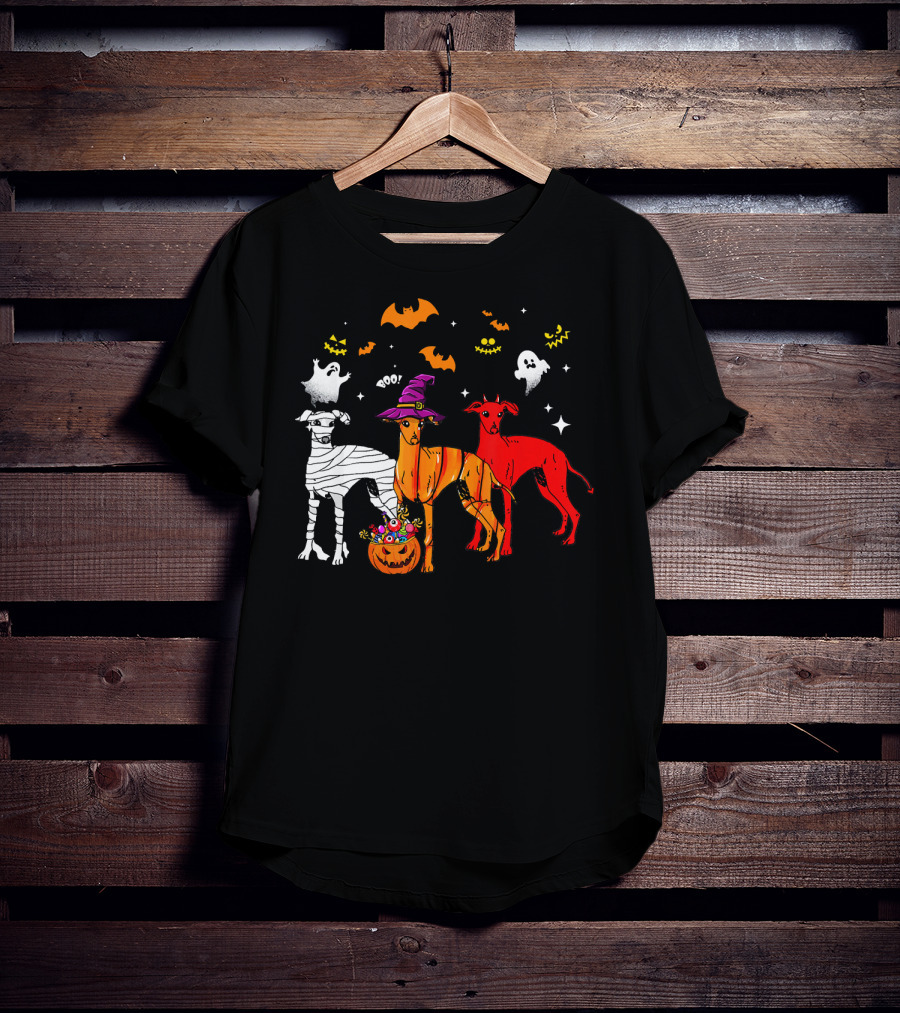 Halloween Italian Greyhound Dogs In Witch, Mummy, And Pumpkin Costumes With Ghosts And Bats T-Shirt