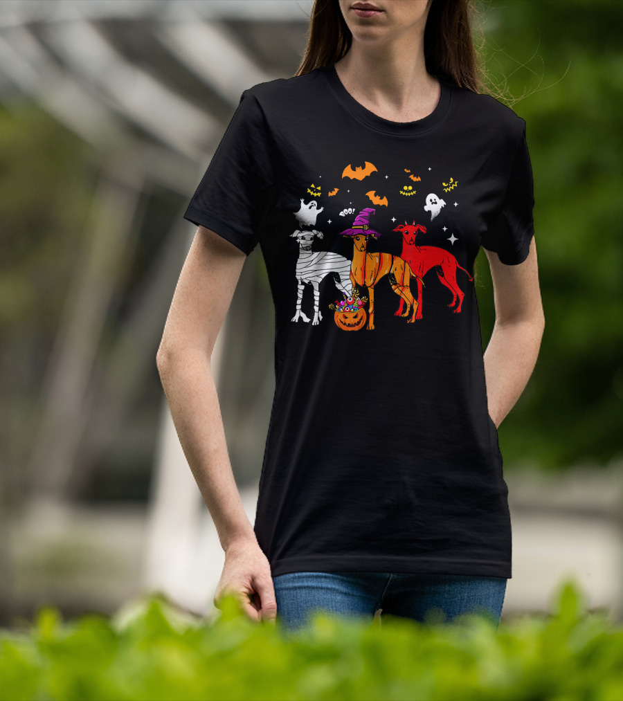 Halloween Italian Greyhound Dogs In Witch, Mummy, And Pumpkin Costumes With Ghosts And Bats T-Shirt