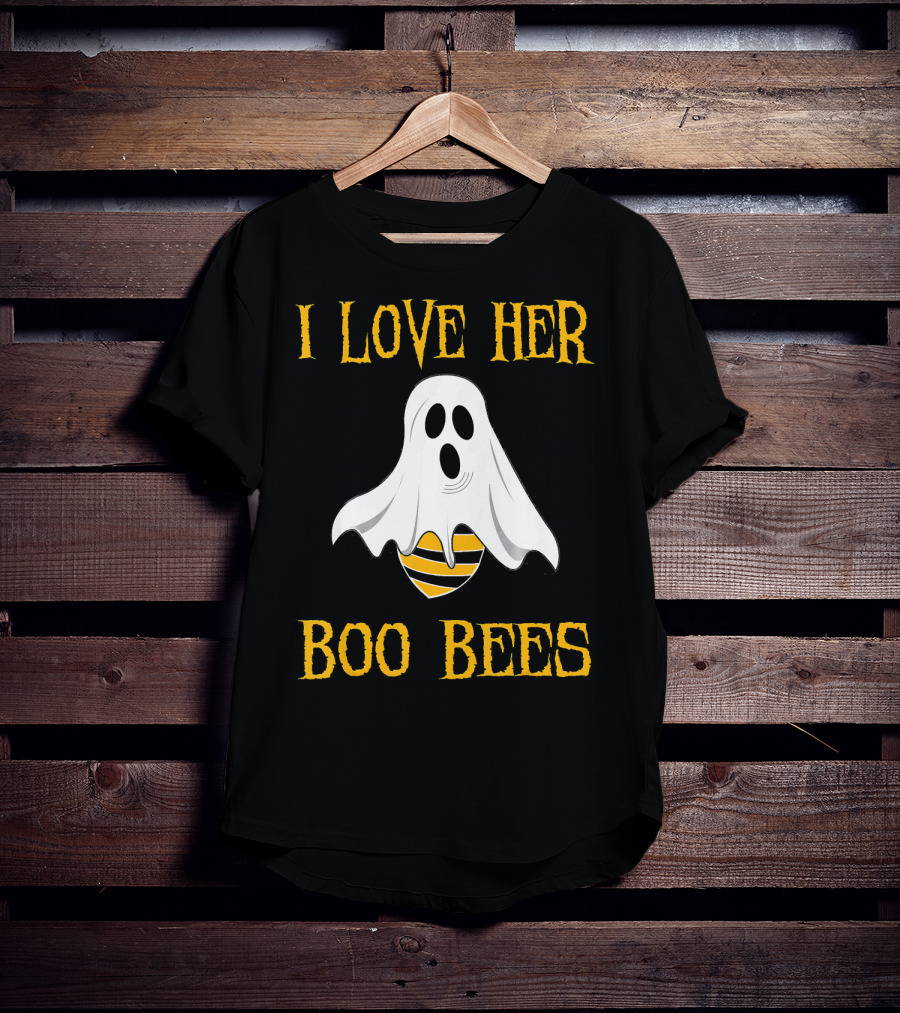 I Love Her Boo Bees Funny Couple Matching Halloween Ghost And Bee T-Shirt