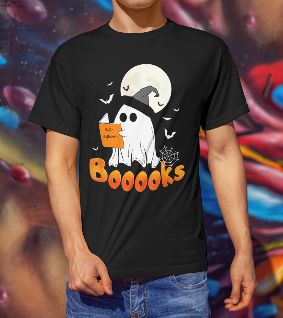 Boooks Ghost Reading Halloween Bats Moon Hat T-Shirt