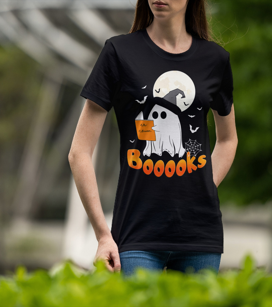 Boooks Ghost Reading Halloween Bats Moon Hat T-Shirt