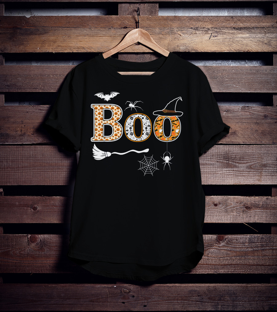 Halloween Boo Pumpkin With Witch Hat And Spider Web T-Shirt