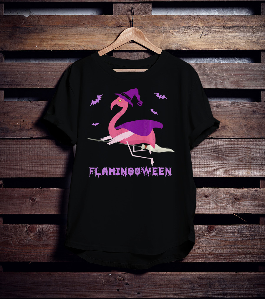 Flamingoween Funny Flamingo Witch With Bats And Broomstick T-Shirt