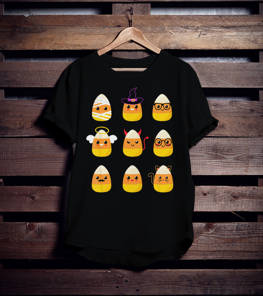 Candy Corn Characters Witch Angel Devil Cat Mummy Nerd Mustache T-Shirt