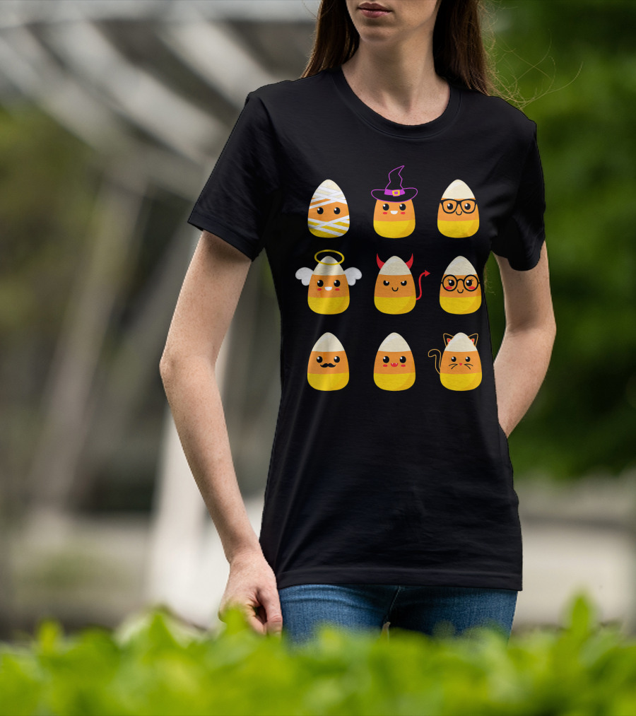 Candy Corn Characters Witch Angel Devil Cat Mummy Nerd Mustache T-Shirt