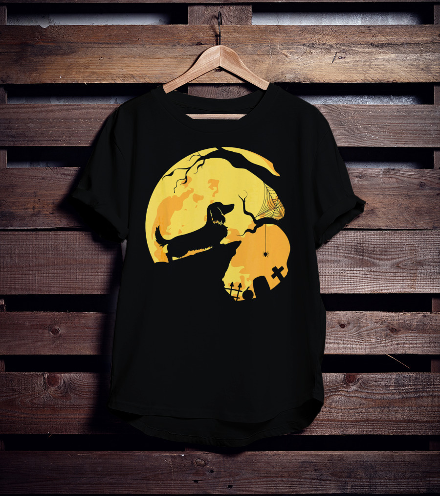 Dachshund Silhouette On Cliff With Full Moon And Halloween Graveyard Scene T-Shirt