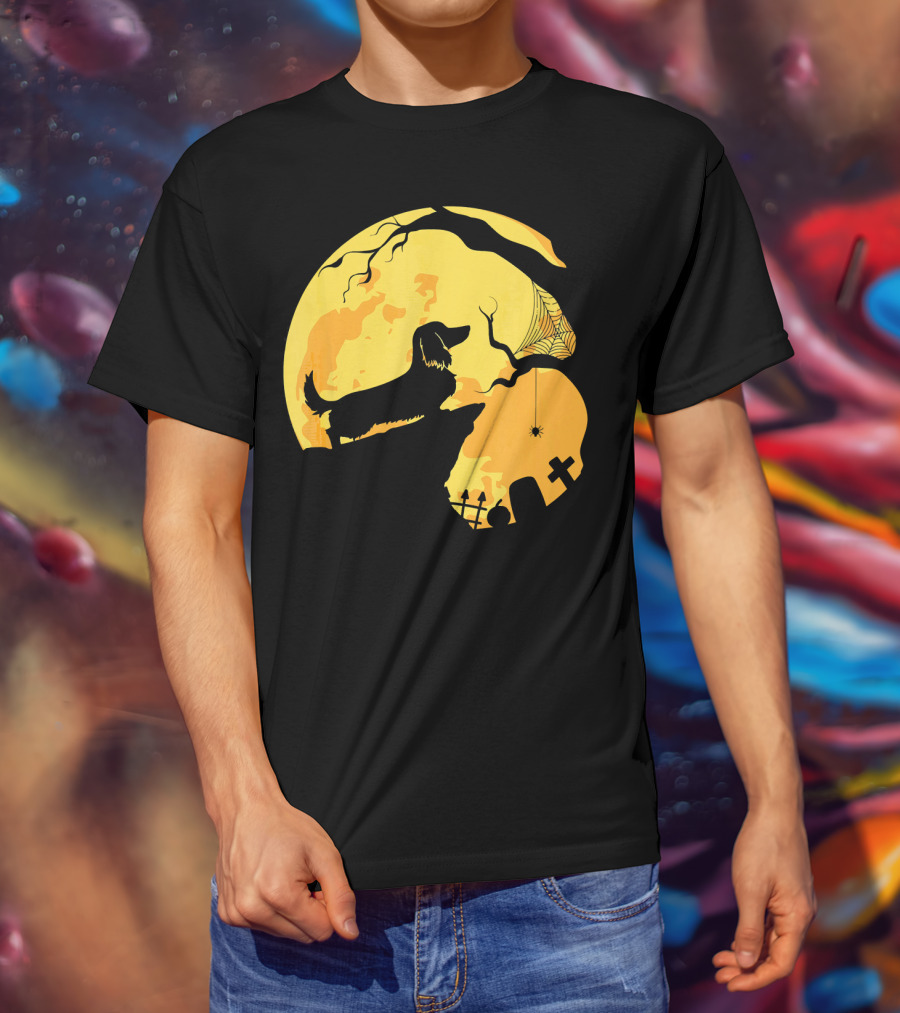 Dachshund Silhouette On Cliff With Full Moon And Halloween Graveyard Scene T-Shirt