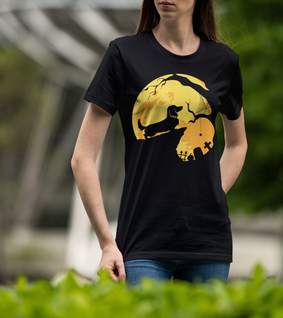 Dachshund Silhouette On Cliff With Full Moon And Halloween Graveyard Scene T-Shirt