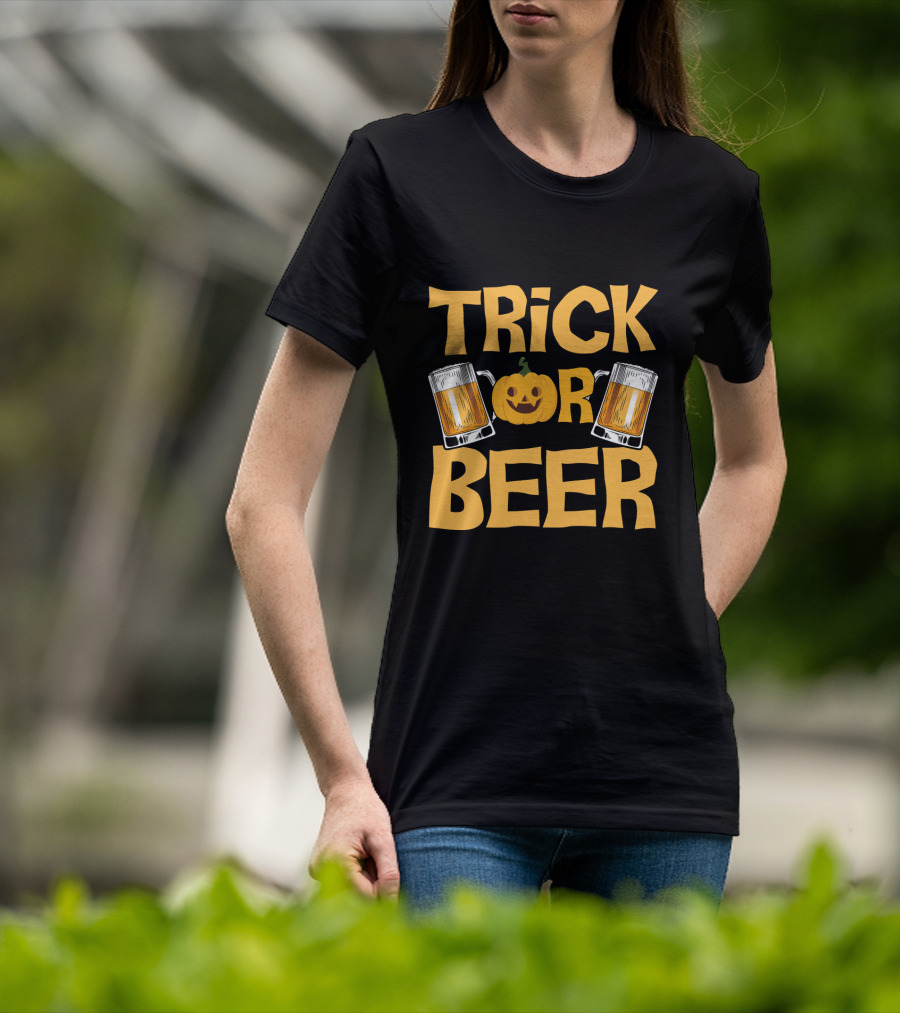Trick Or Beer Funny Halloween Pumpkin Drinking T-Shirt