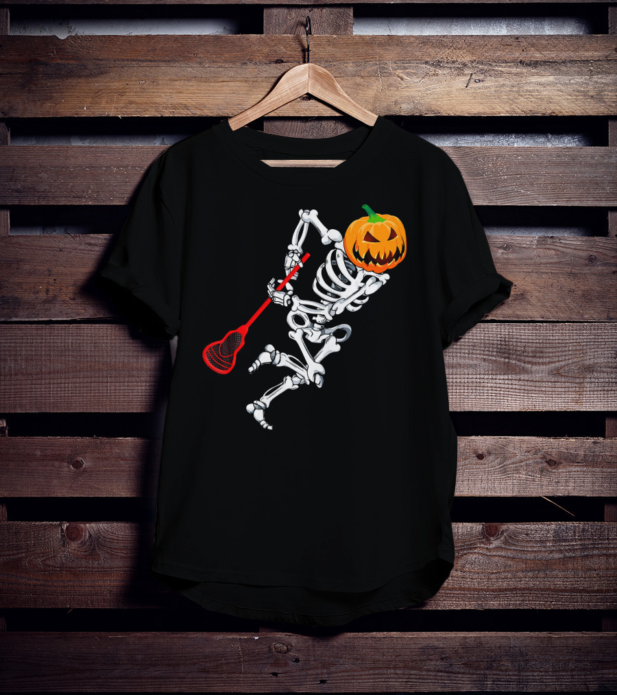 Skeleton Pumpkin Lacrosse Halloween T-Shirt