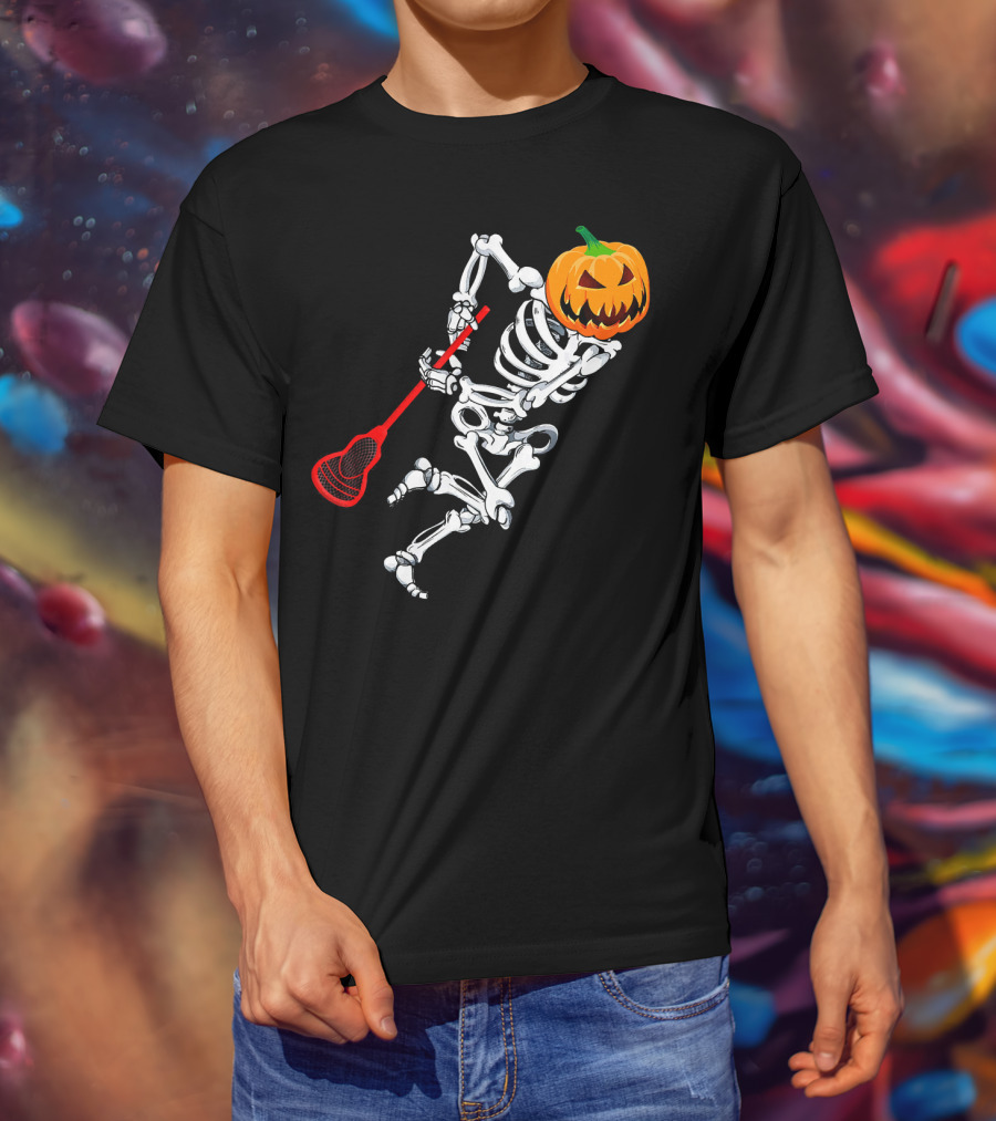 Skeleton Pumpkin Lacrosse Halloween T-Shirt