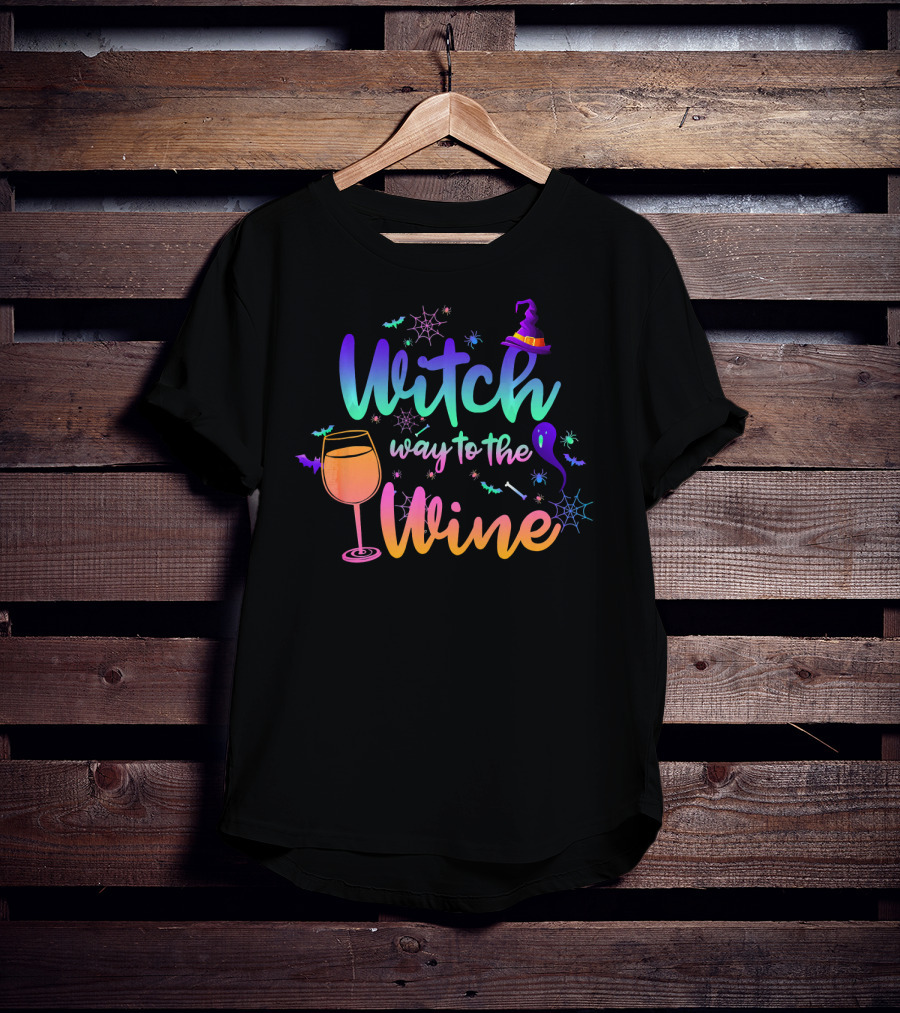 Witch Way To The Wine Halloween Drinking Colorful Witch Hat Wine Glass Spiders Bats T-Shirt