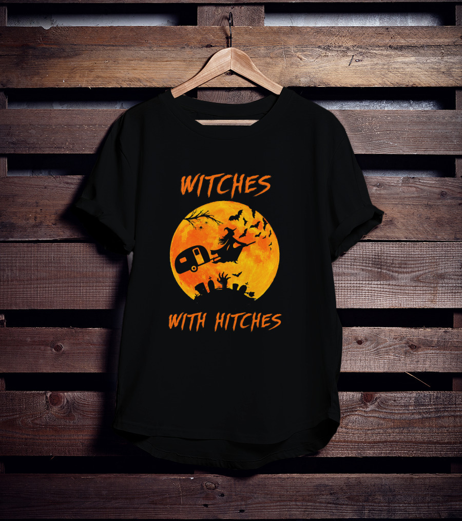 Witches With Hitches Halloween Moon Bats Graveyard Scene T-Shirt