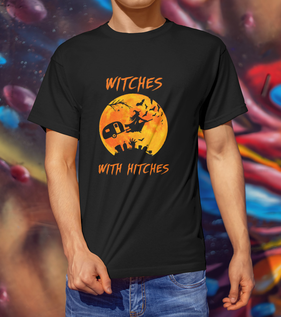 Witches With Hitches Halloween Moon Bats Graveyard Scene T-Shirt