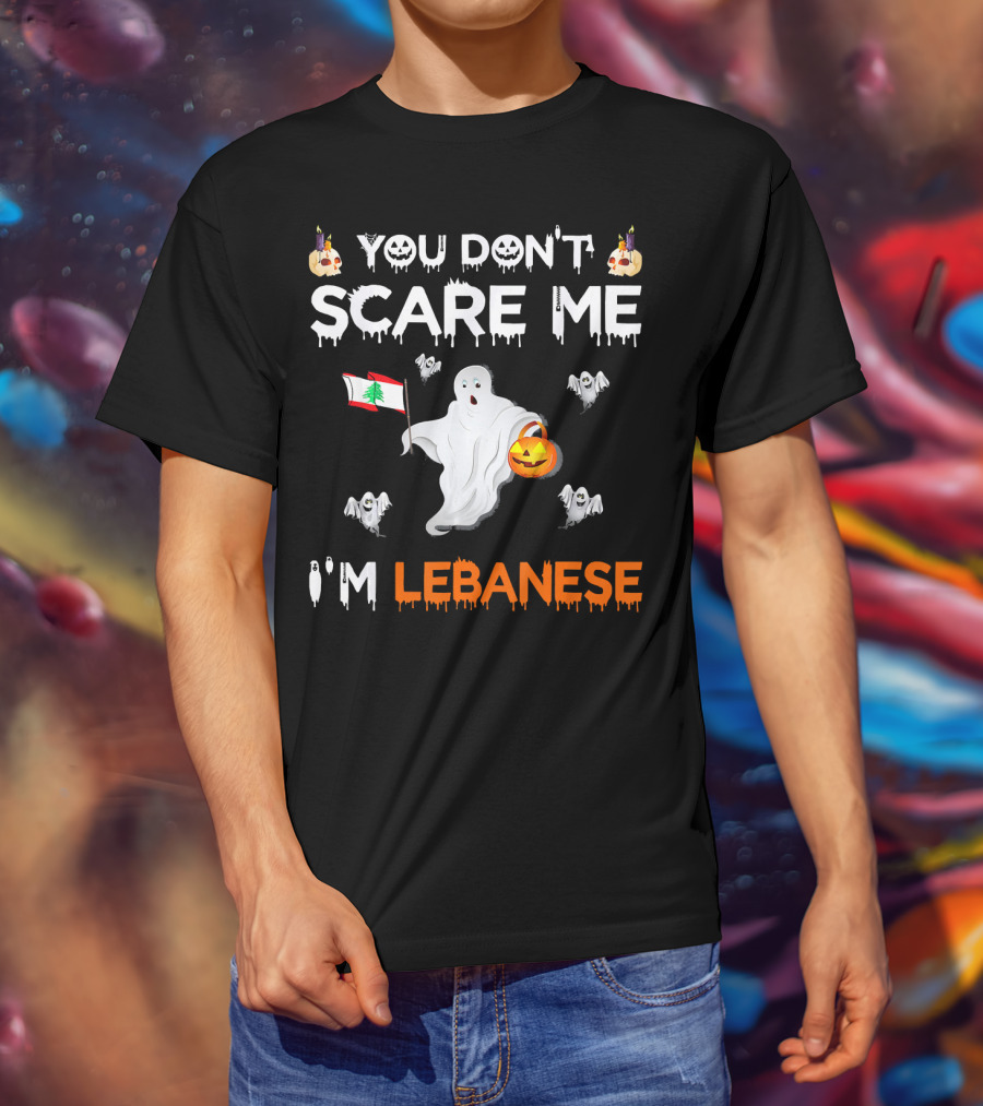 You Don't Scare Me I'm Lebanese Ghost With Lebanese Flag And Pumpkin Halloween T-Shirt