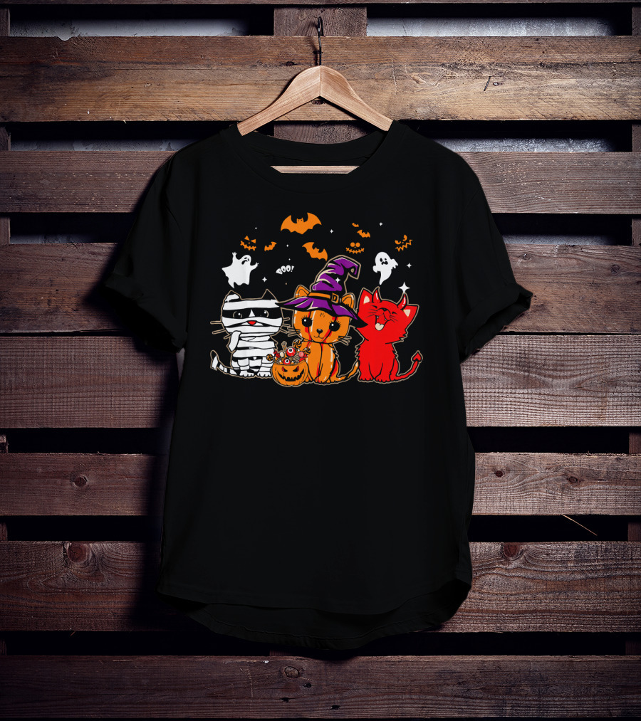 Funny Cat Trio In Halloween Costumes With Ghosts And Pumpkins T-Shirt