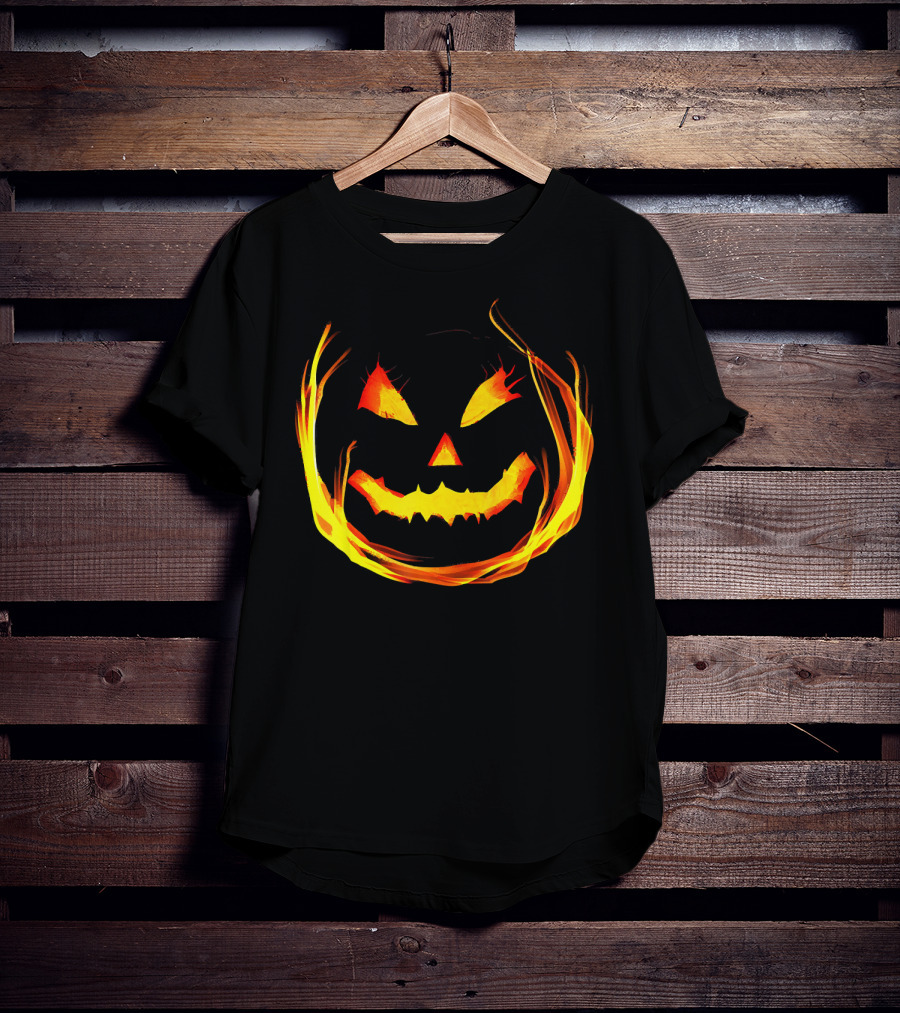 Fun And Spooky Fiery Jack O Lantern Halloween Pumpkin Face T-Shirt