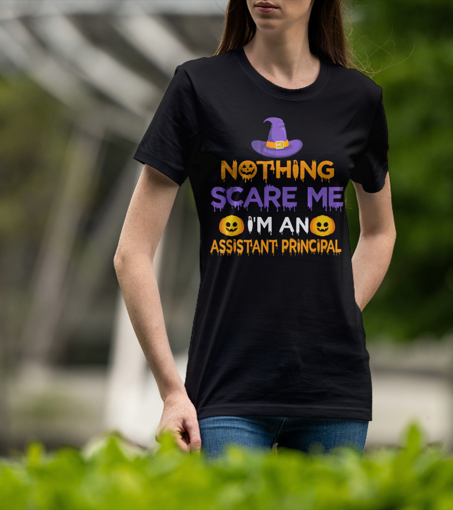 Halloween Nothing Scare Me I'm An Assistant Principal With Witch Hat And Pumpkin Faces T-Shirt