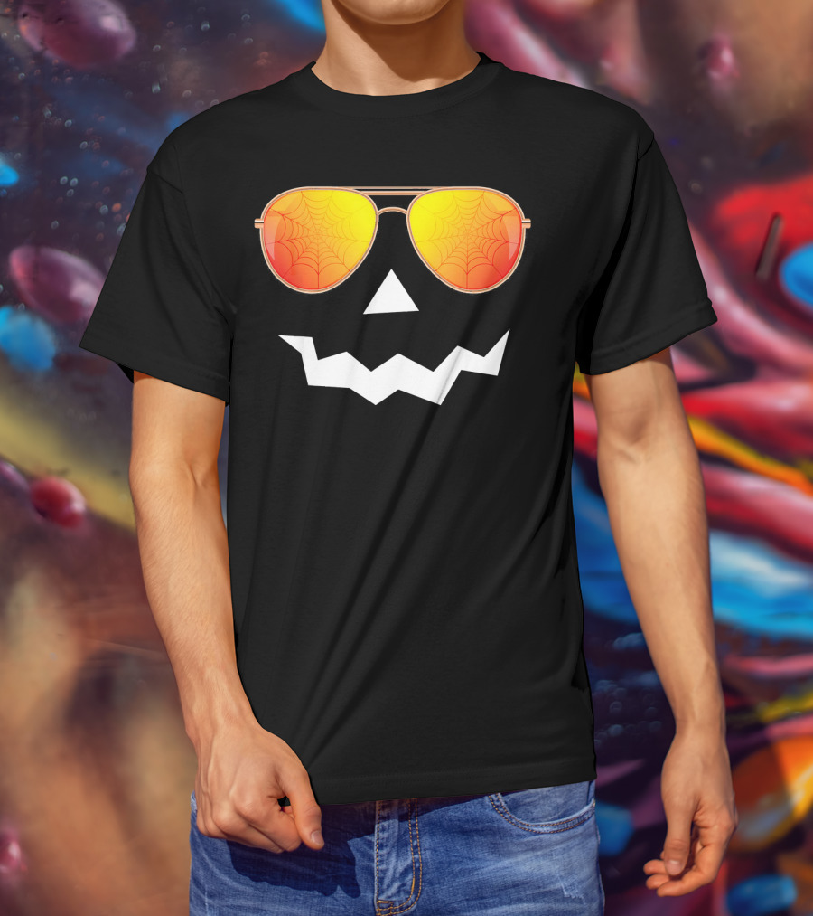 Halloween Jack O Lantern With Sunglasses And Spider Web Reflection T-Shirt