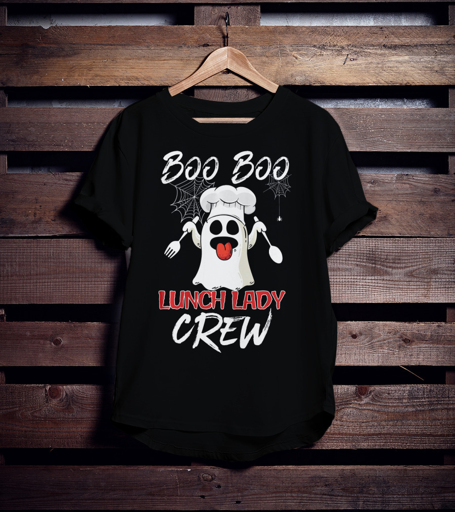 Boo Boo Lunch Lady Crew Funny Chef Ghost With Webs And Utensils T-Shirt