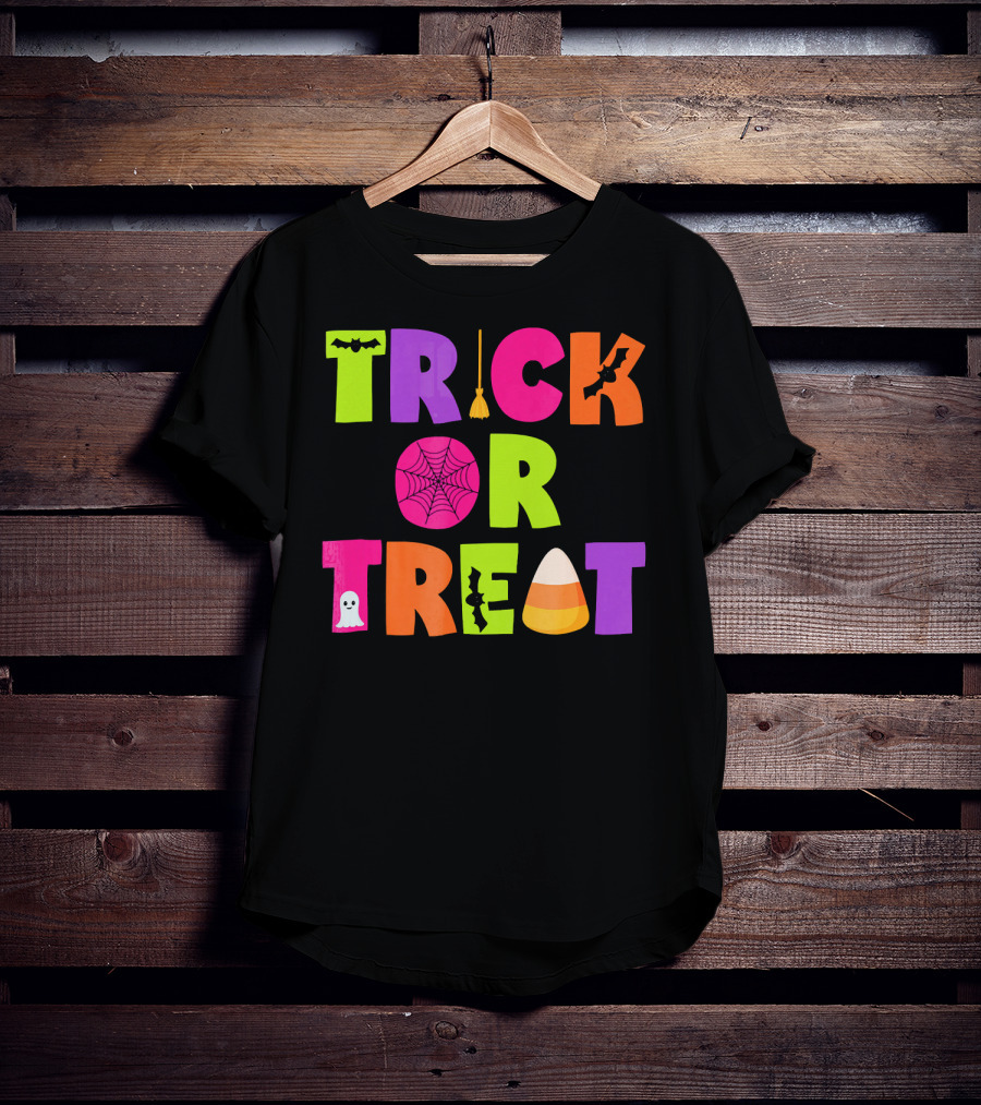 Trick Or Treat Bat Broom Spiderweb Ghost Candy Corn Halloween T-Shirt
