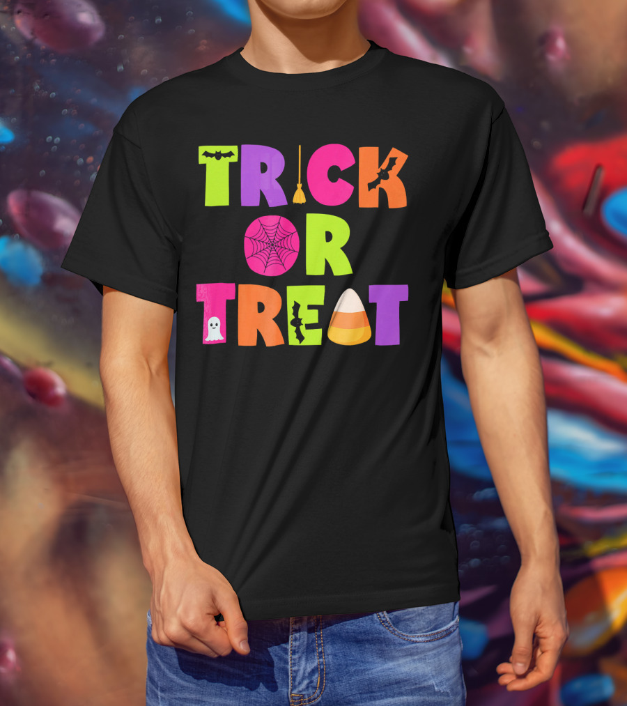 Trick Or Treat Bat Broom Spiderweb Ghost Candy Corn Halloween T-Shirt