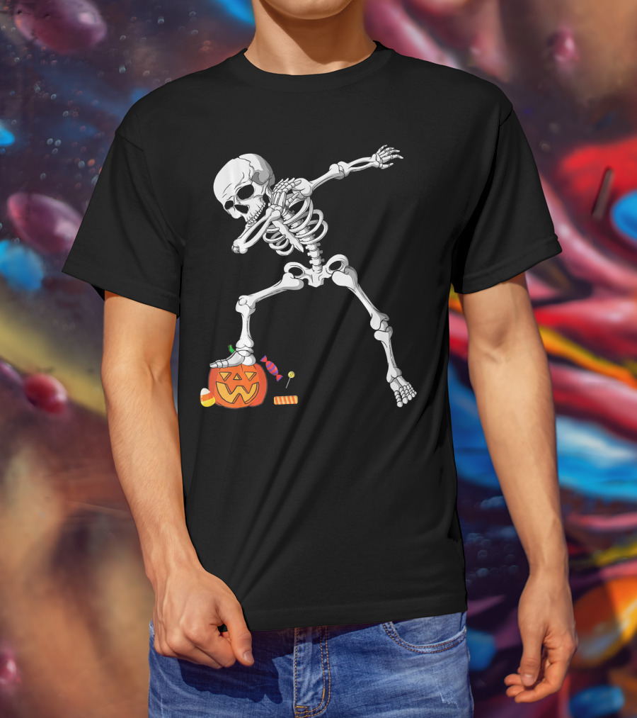 Halloween Skeleton Dabbing On Pumpkin With Candy T-Shirt