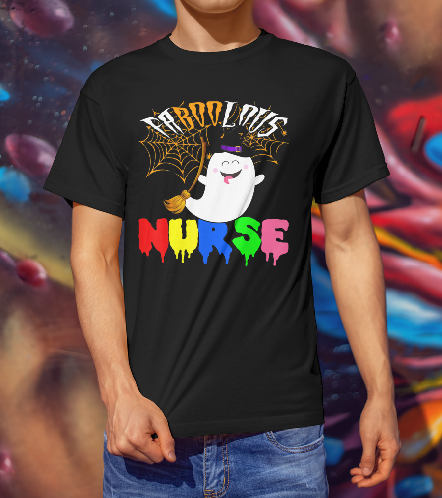 Faboolous Nurse Ghost With Witch Hat And Broom Halloween T-Shirt