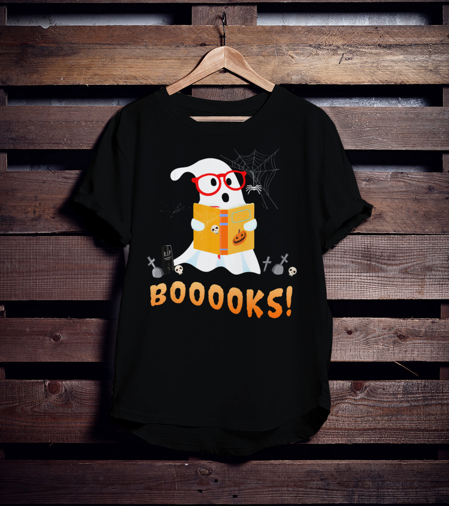 BOOOOKS Funny Teacher Halloween Ghost Reads With Spider Webs T-Shirt