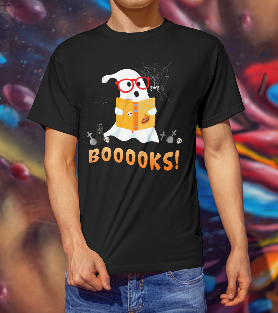 BOOOOKS Funny Teacher Halloween Ghost Reads With Spider Webs T-Shirt