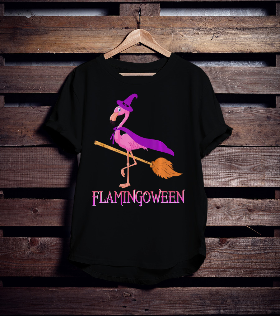Flamingoween Witch Flamingo Riding Broomstick T-Shirt
