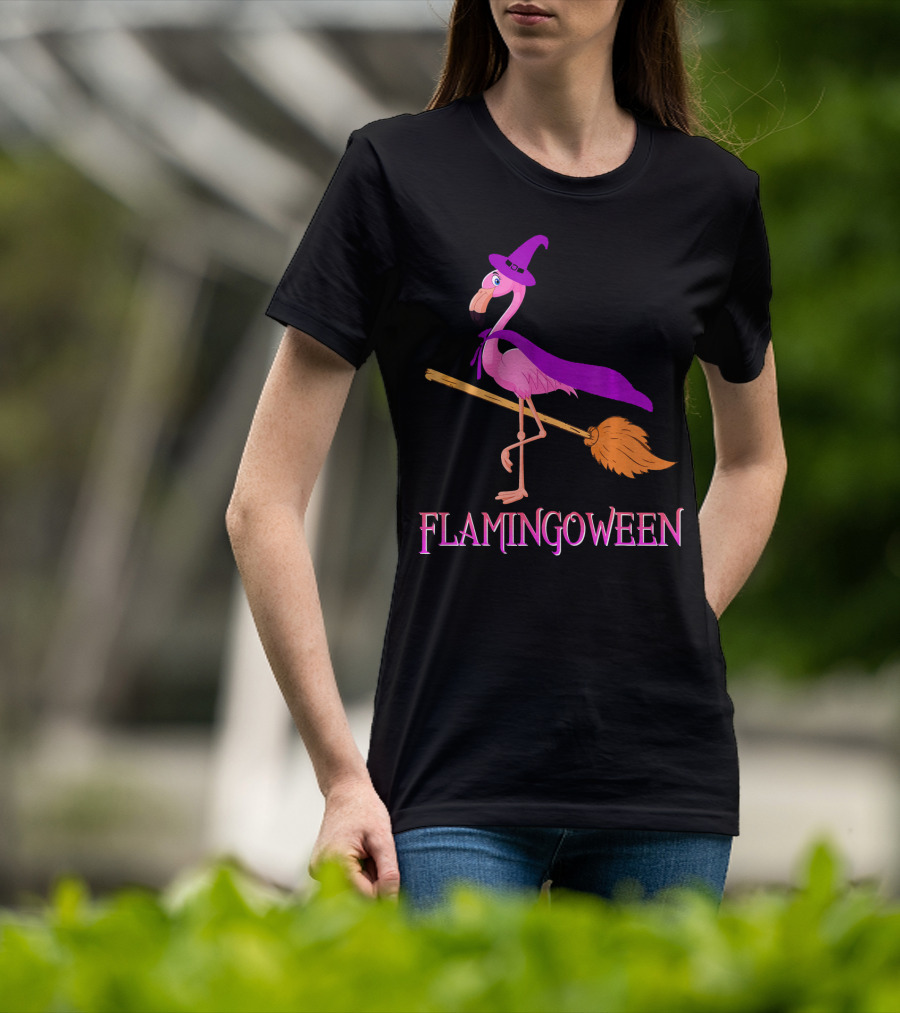 Flamingoween Witch Flamingo Riding Broomstick T-Shirt