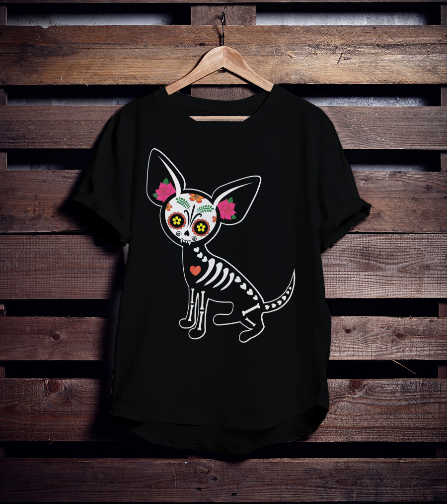 Day Of The Dead Chihuahua Skeleton Skull Flowers T-Shirt