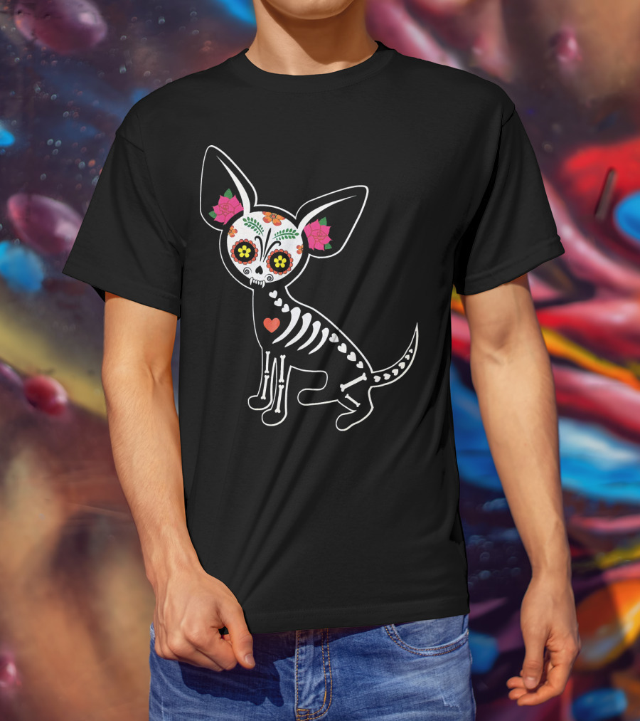 Day Of The Dead Chihuahua Skeleton Skull Flowers T-Shirt