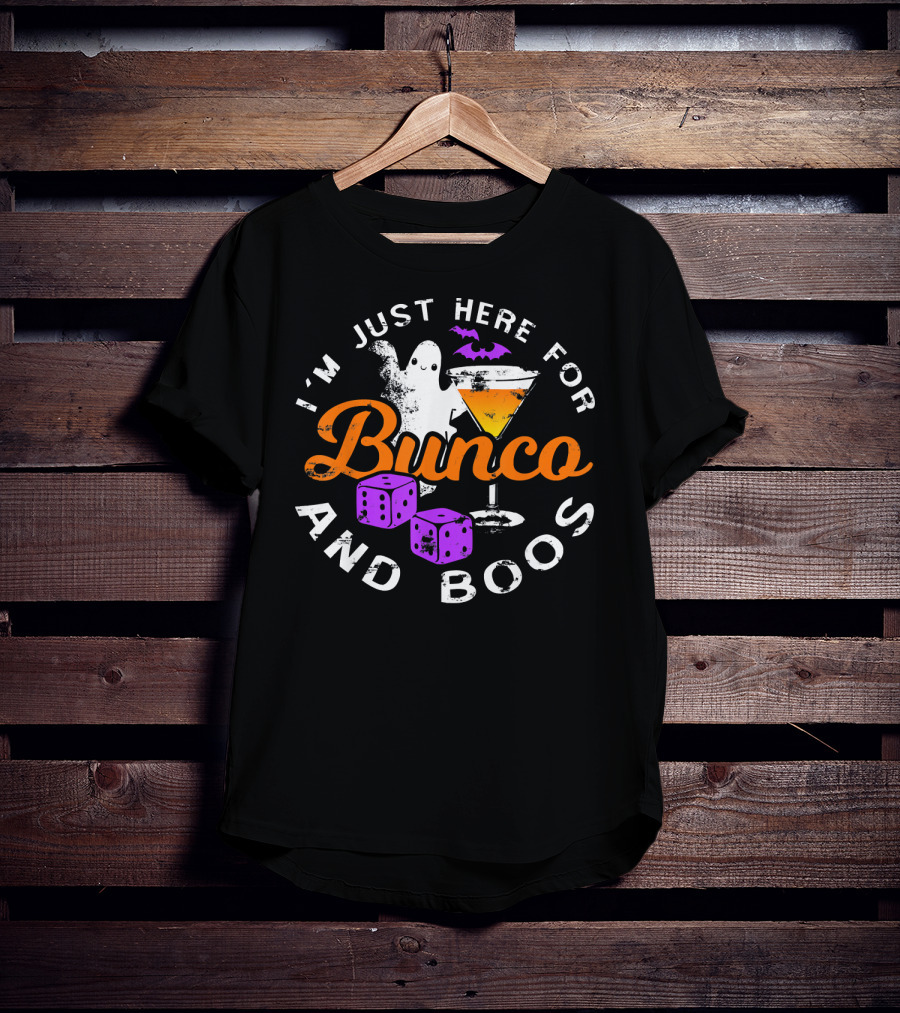 I'm Just Here For Bunco And Boos Ghost Bat Cocktail Dice T-Shirt